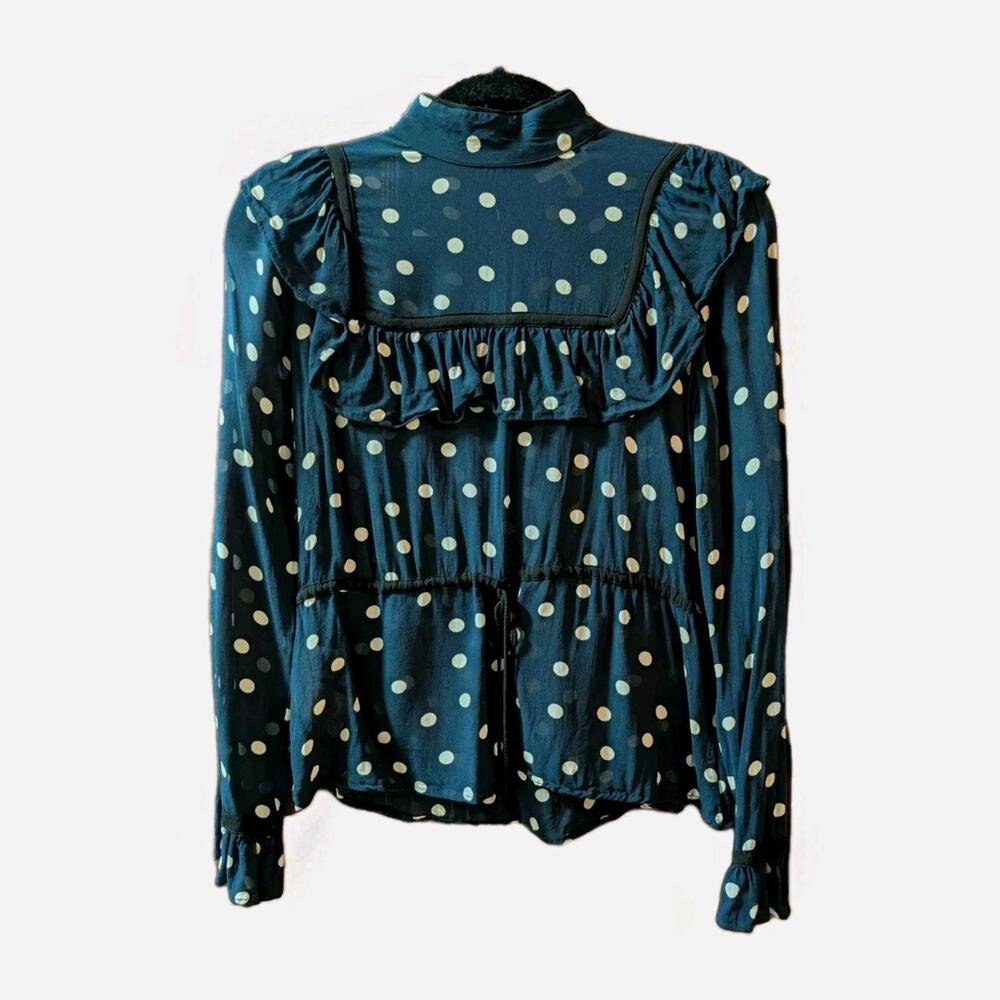 GANNI Georgette Polka Dot Sheer Ruffle Blouse Size: 36/Small Parisian Coquette